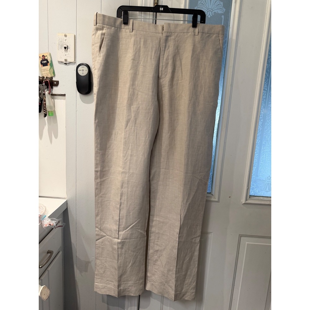 Perry Ellis Mens 40x36 Linen Blend Dress Pants Beige Flat Front Straight Leg
